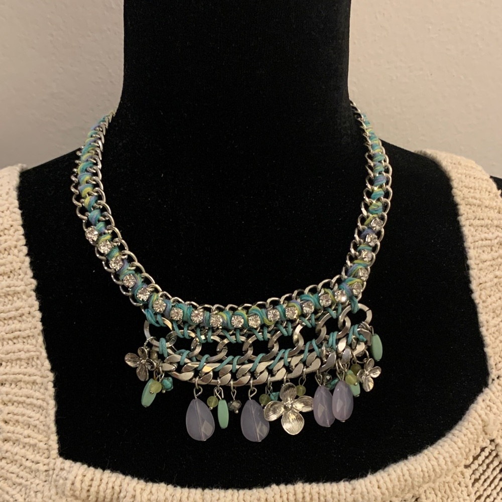 Steve Madden Silver, Blue and Purple Necklace with Floral Charms